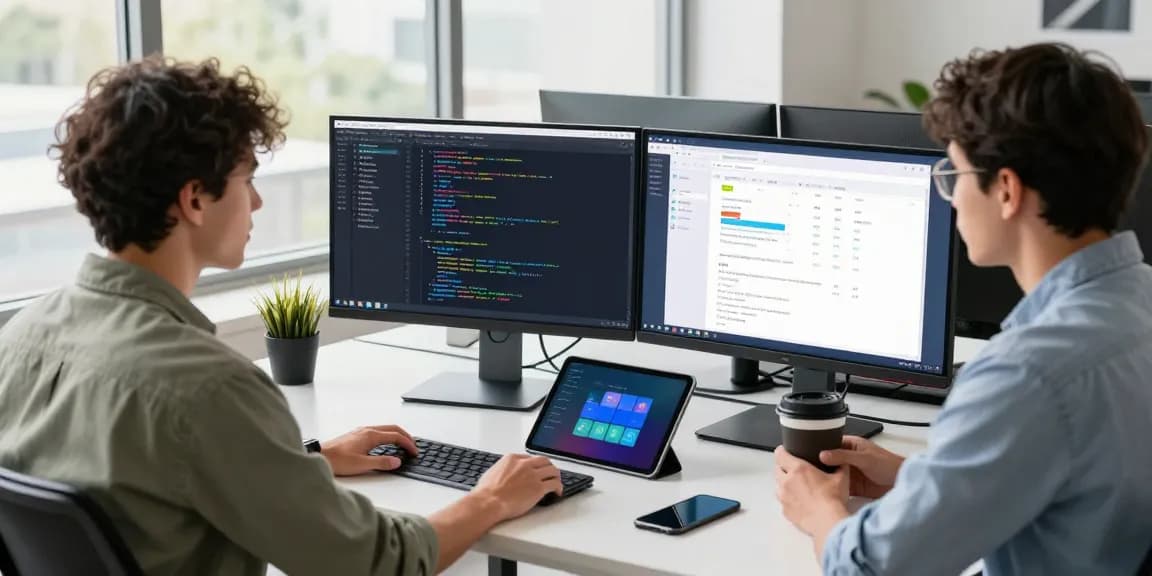 Creative workspace showcasing a developer coding for WhatsApp下載 in a modern tech office.
