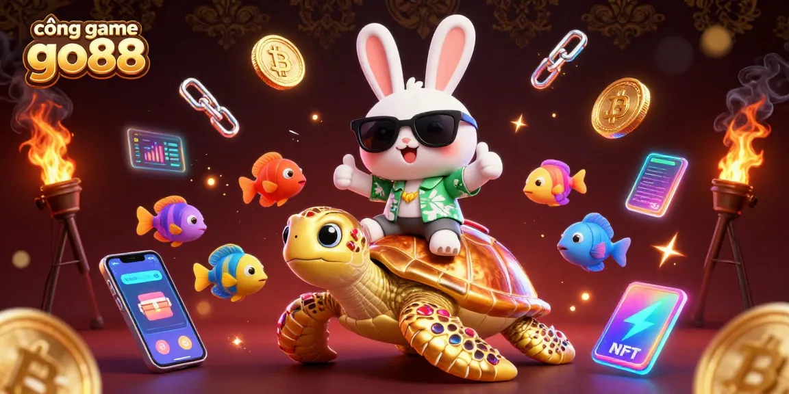 Engage in thrilling adventures at cổng game go88 with a lucky rabbit and golden turtle surrounded by vibrant casino elements.