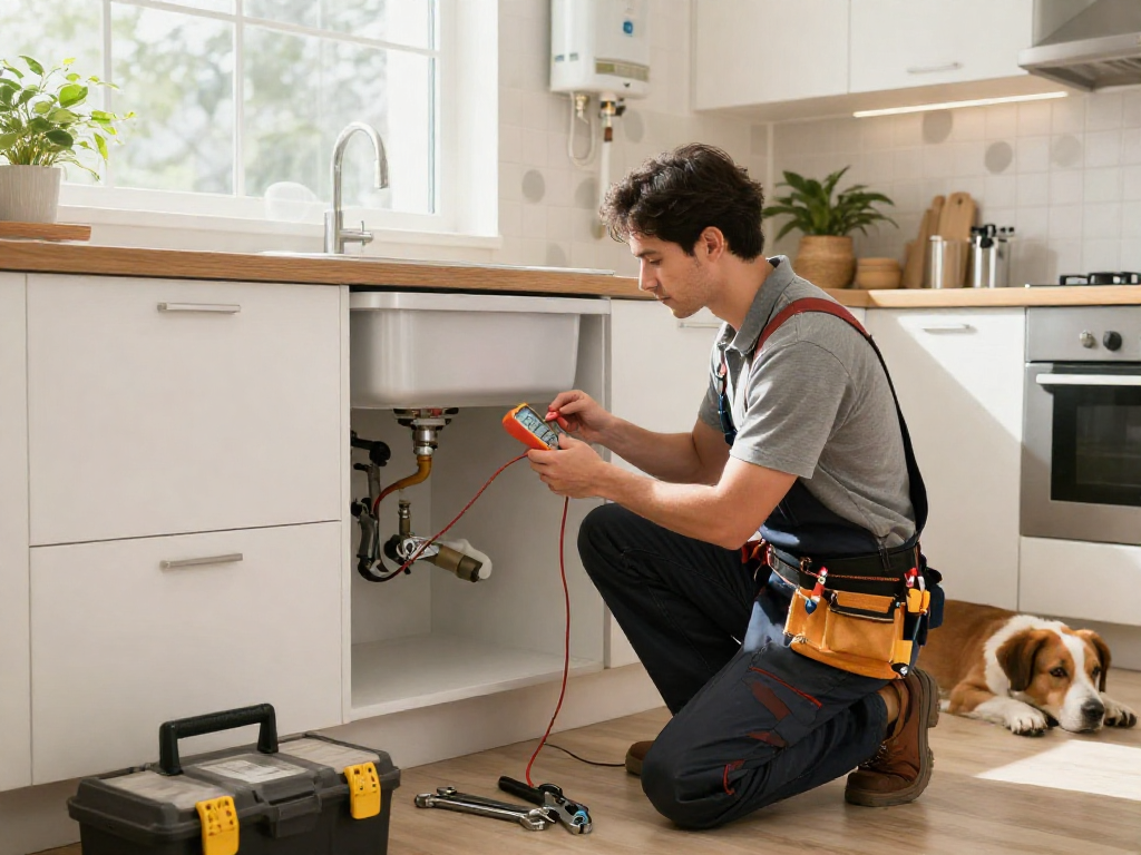 Expert technician performing water heater repair Fort Worth in a bright kitchen.