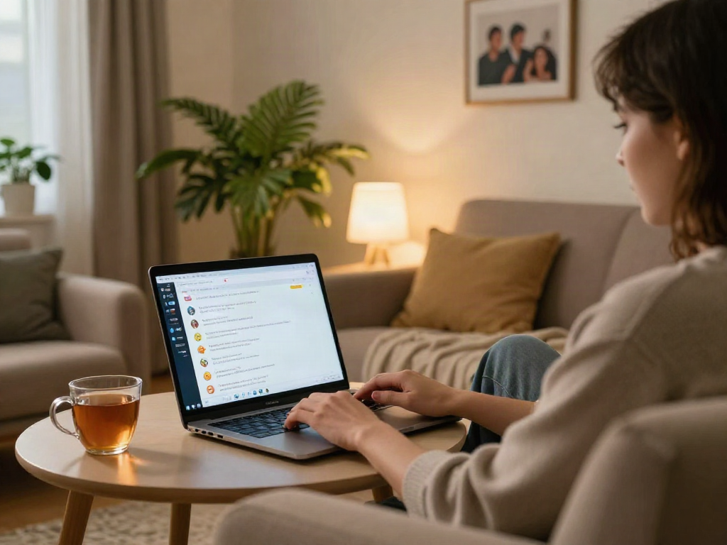 Cozy home scene of a person engaging in a sexchat online, comfortable atmosphere with warm lighting and personal touches.