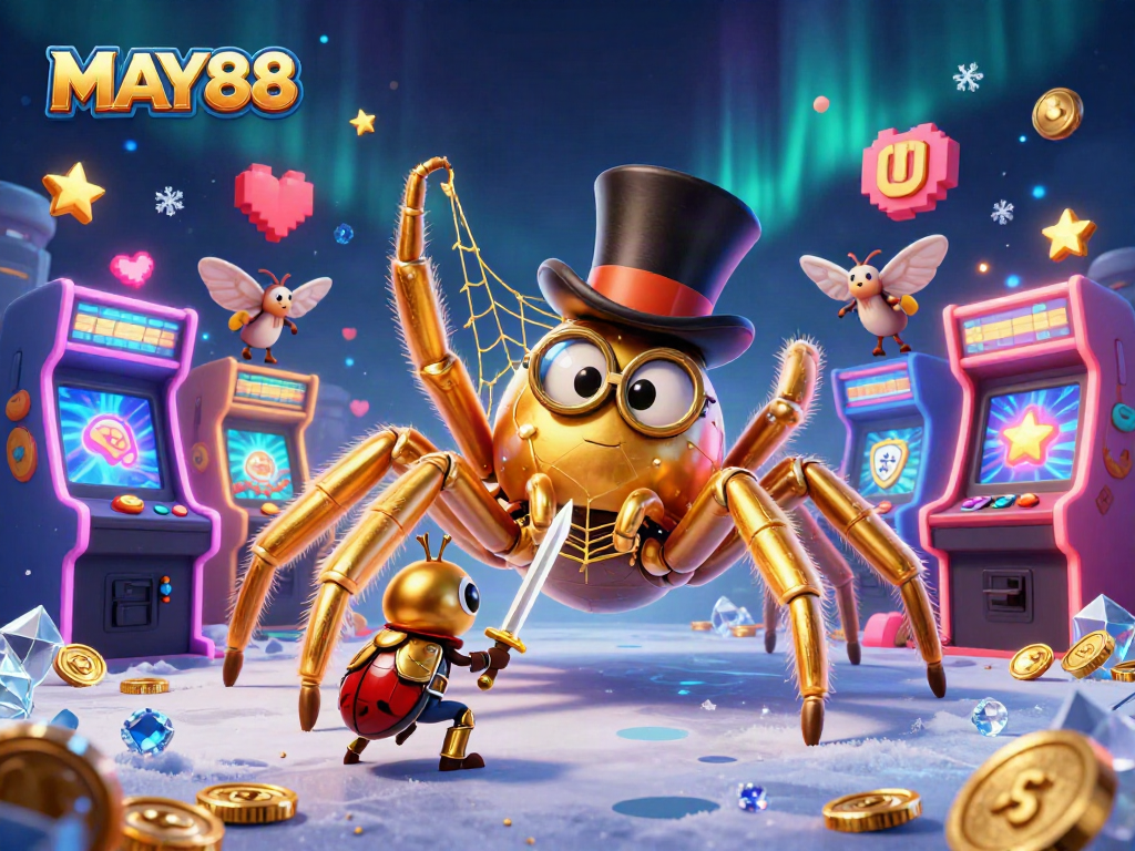 MAY88 captures thrilling casino adventures with vibrant characters and gaming elements in a dynamic scene.