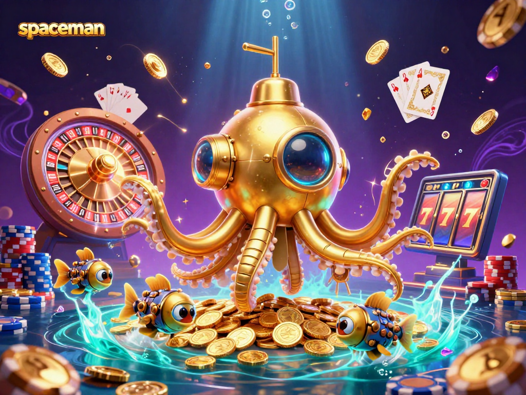 Engage with the spaceman as golden kraken submarine ascends through coins, capturing the thrill of casino gaming.