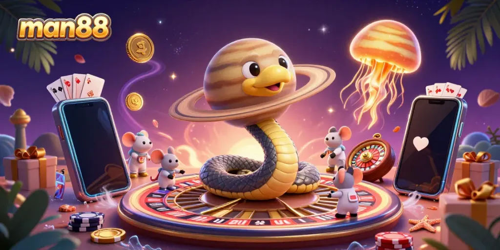 Engage with man88 at a vibrant cosmic casino featuring unique characters and dynamic game elements.