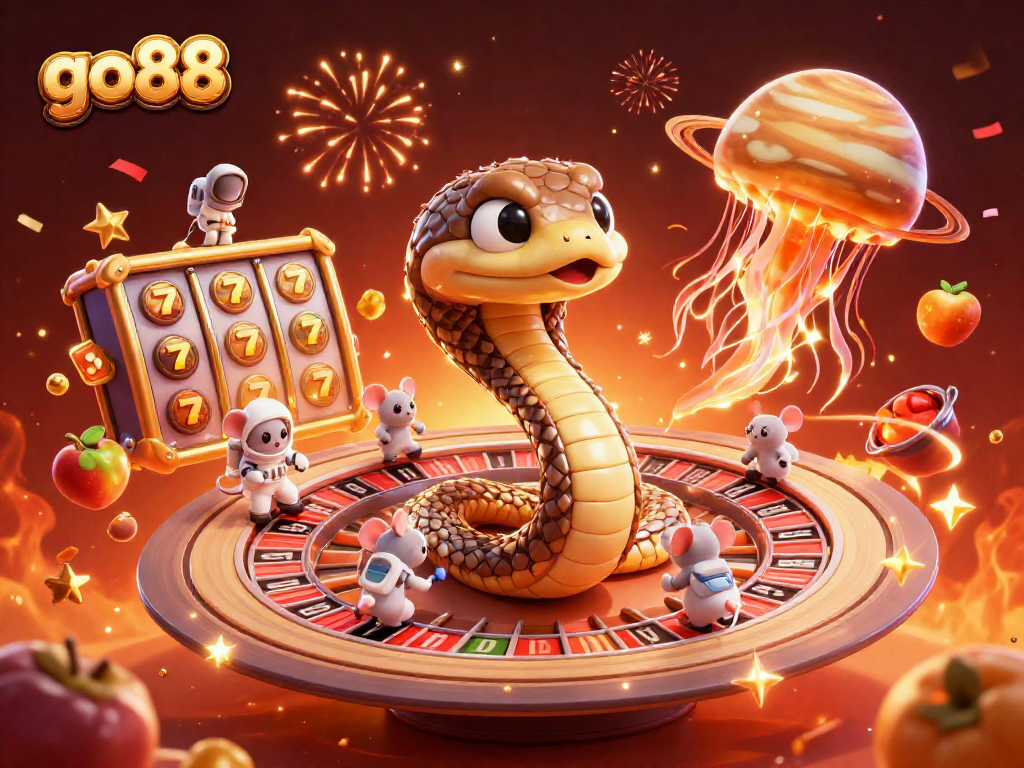 Engage with go88’s vibrant casino experience as cartoon mice bet on Saturn's roulette rings amidst cosmic elements.