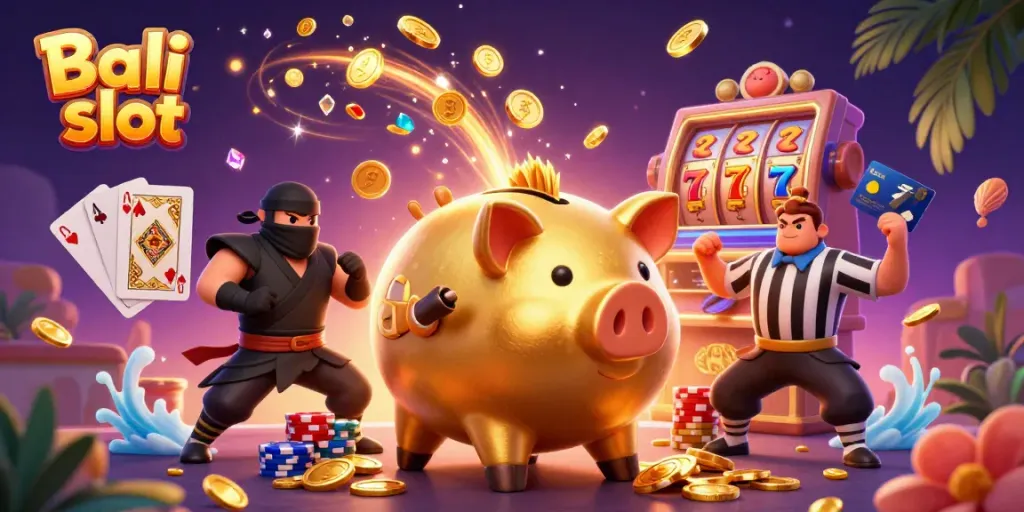 Exciting Bali slot illustration with golden piggy bank, coins, and vibrant casino elements