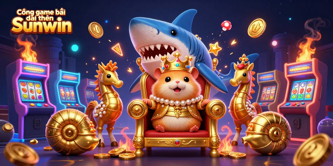 Cổng game bài đổi thưởng Sunwin showcases a fierce golden hamster king amidst dynamic arcade game elements.