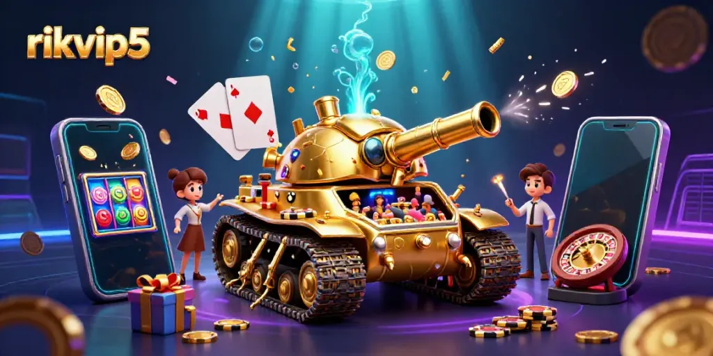 Experience the vibrant excitement of rikvip5 through a magical casino scene with festive elements.