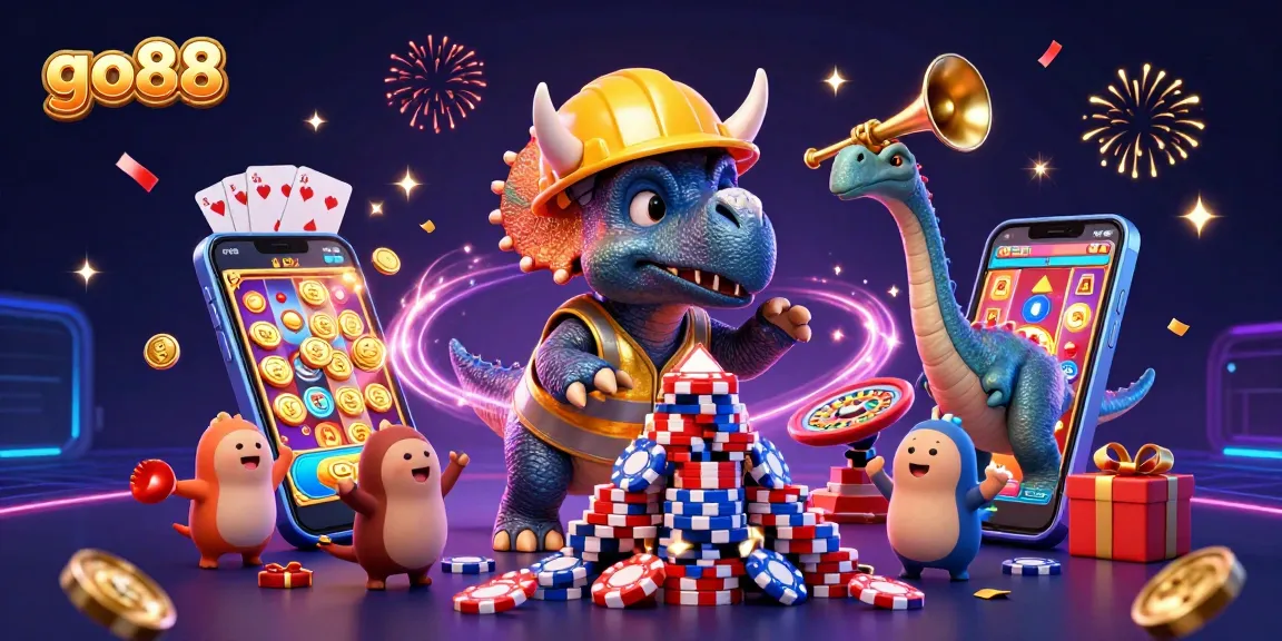 Play casino games at Go88 with fun, celebratory atmosphere featuring colorful slot games and dynamic characters.