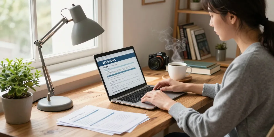 Individual filling out a loan application to get 2500 loan, cozy home office setting with warm sunlight.