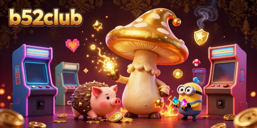 Experience the magic of b52club with golden characters and vibrant gaming elements.