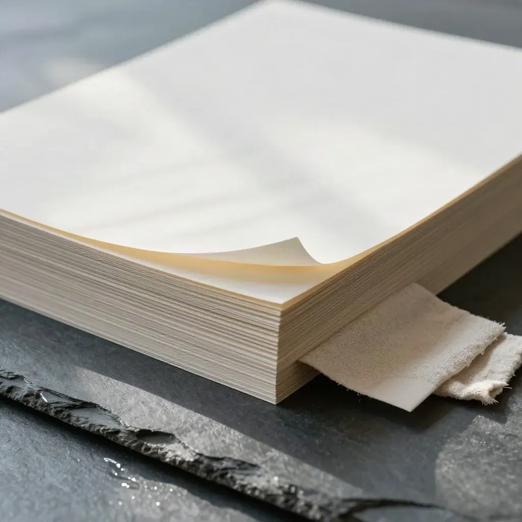 Landing-page prototype stack on damp slate with cloth sleeve and paper wedge, low side view.