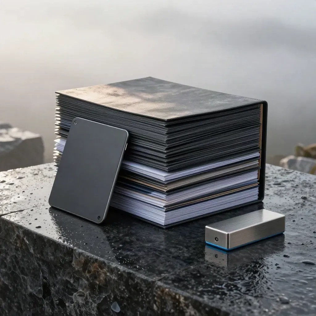 Charcoal growth-audit folio tower with tablet, sample cards and metal tracker on wet stone.