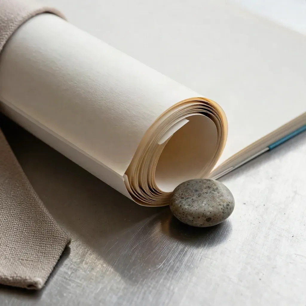 Extreme macro flat lay of a rolled SEO roadmap folio with linen tie, tabs, and stone paperweight.