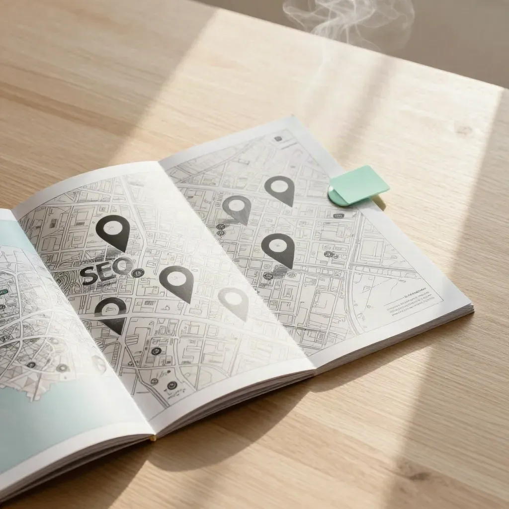 Overhead flatlay of a local SEO map folio with markers and a mint tab on pale wood.