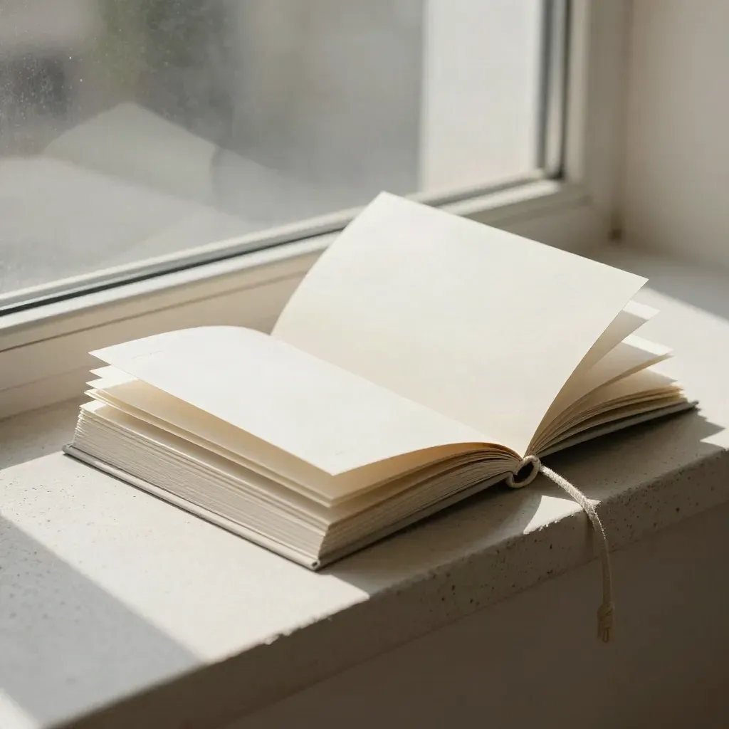 Off-white SEO folio partly open on a pale concrete sill in soft window light.