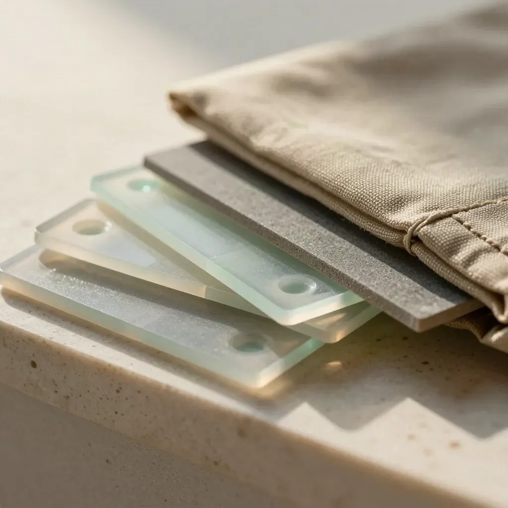 Macro of translucent CRO tiles, sample wedge and fabric sleeve with a mint edge highlight.