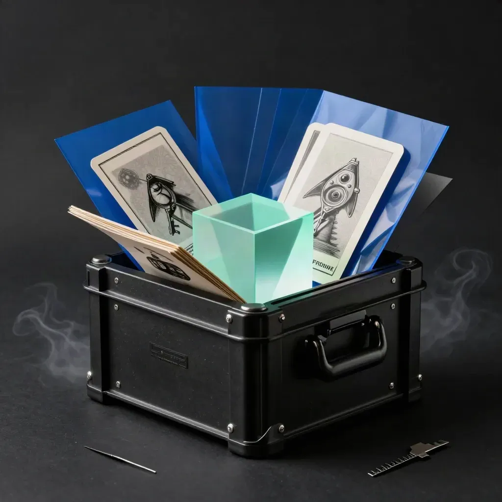Lead-engine bundle crate with blue sheets, black modules, and a mint prism on a dark studio surface.