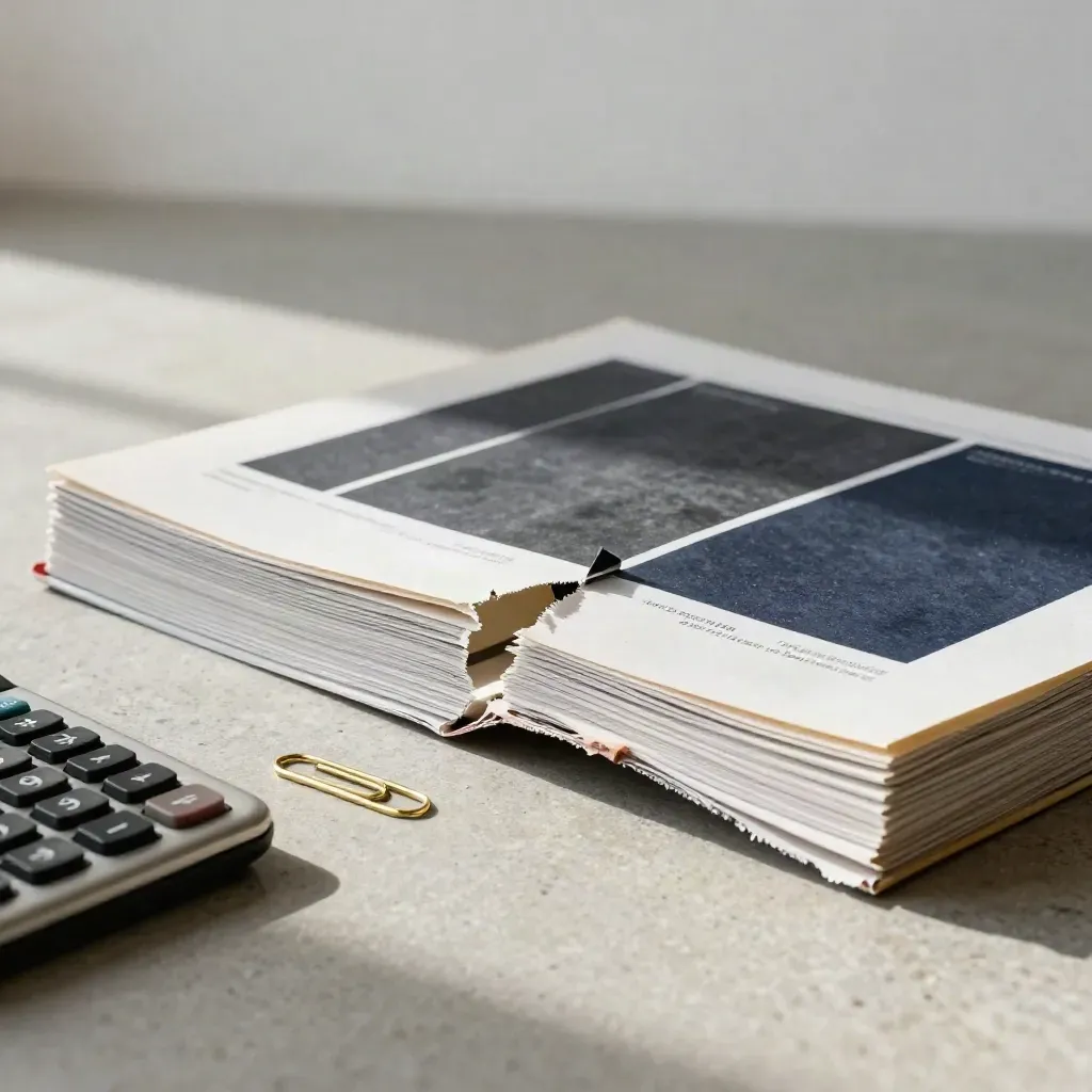 Split audit dossier, calculator slab, brass paperclip and dark tabs on pale stone.