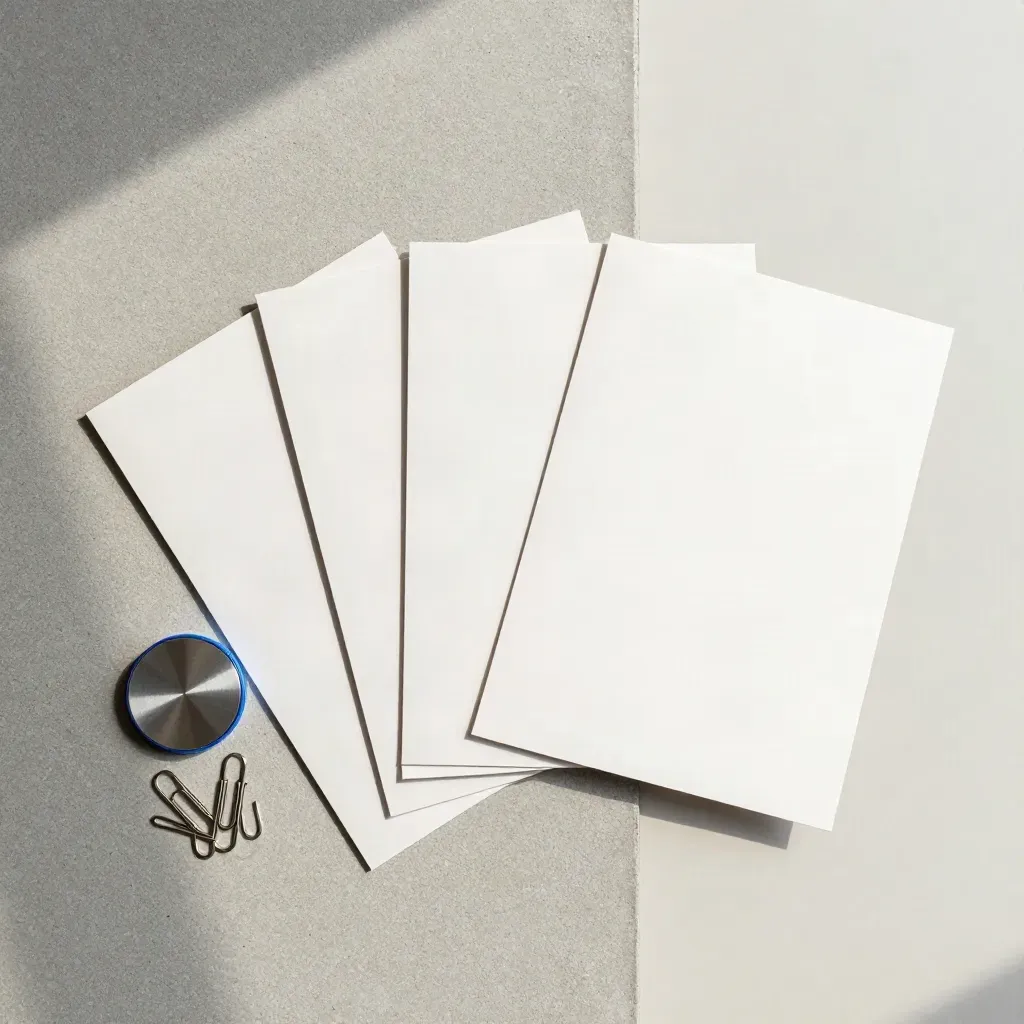 Overhead flat lay of blank boards, form token, and paper clips on concrete.