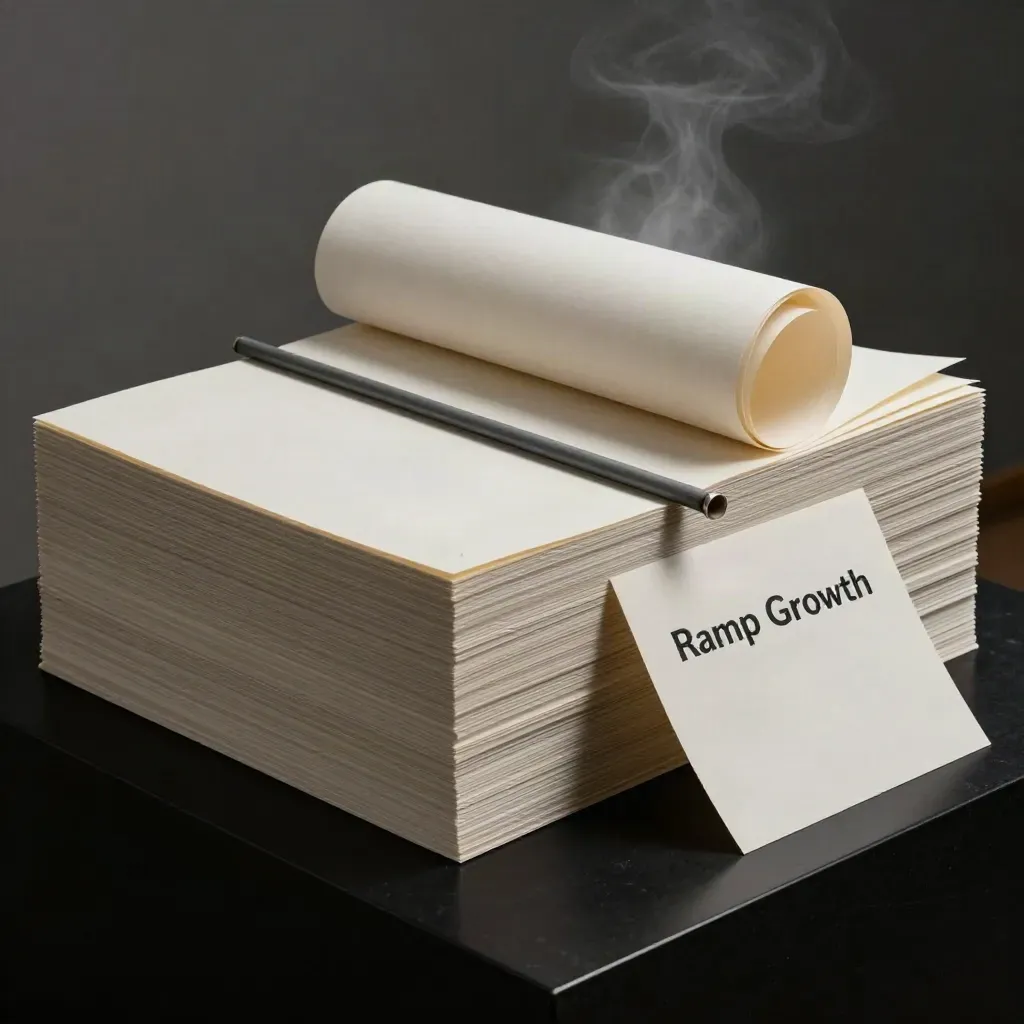 Dramatic sales-page storyboard papers, proof card, and graphite rod on a black plinth.