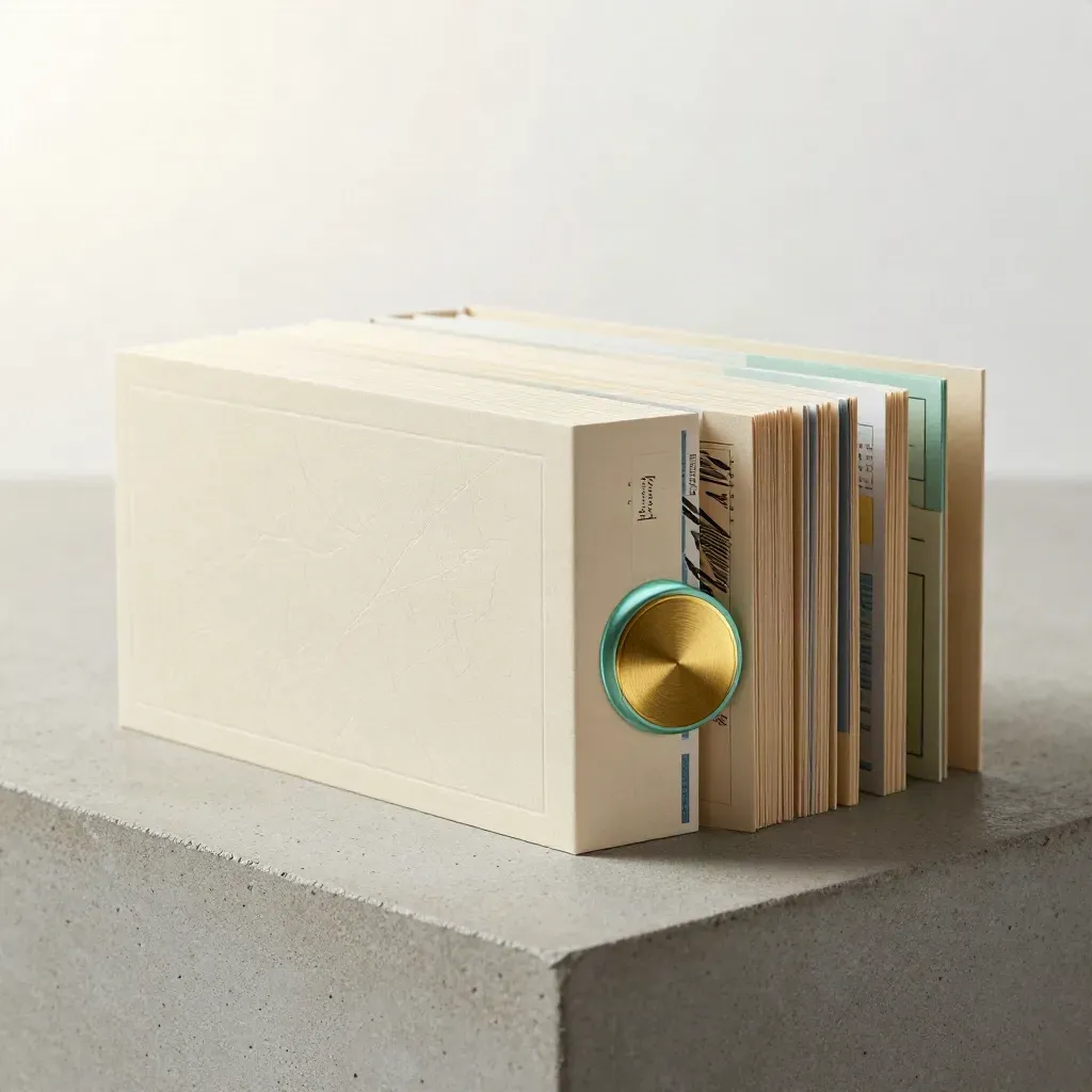 Macro of a UK lead-pack box with four modules, folded insert and brass seal on concrete.