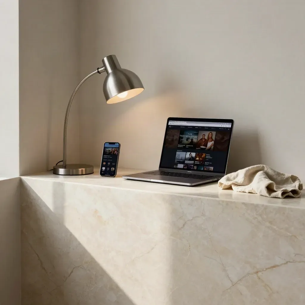 Sunlit marble ledge, brushed steel lamp, blurred analytics screen, quiet plaster wall