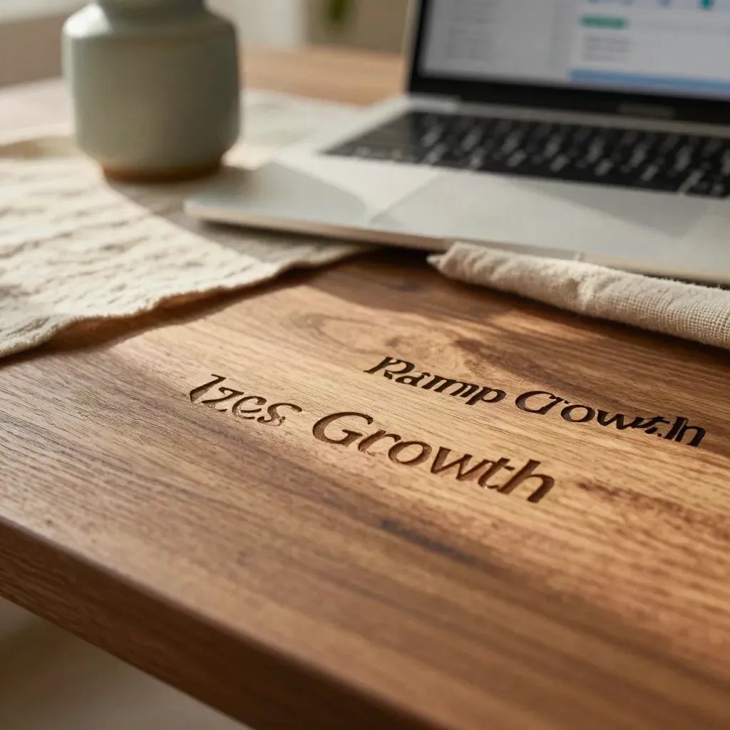 Oak tabletop, linen runner and ceramic vessel with soft plant blur for SEO Plans copy.