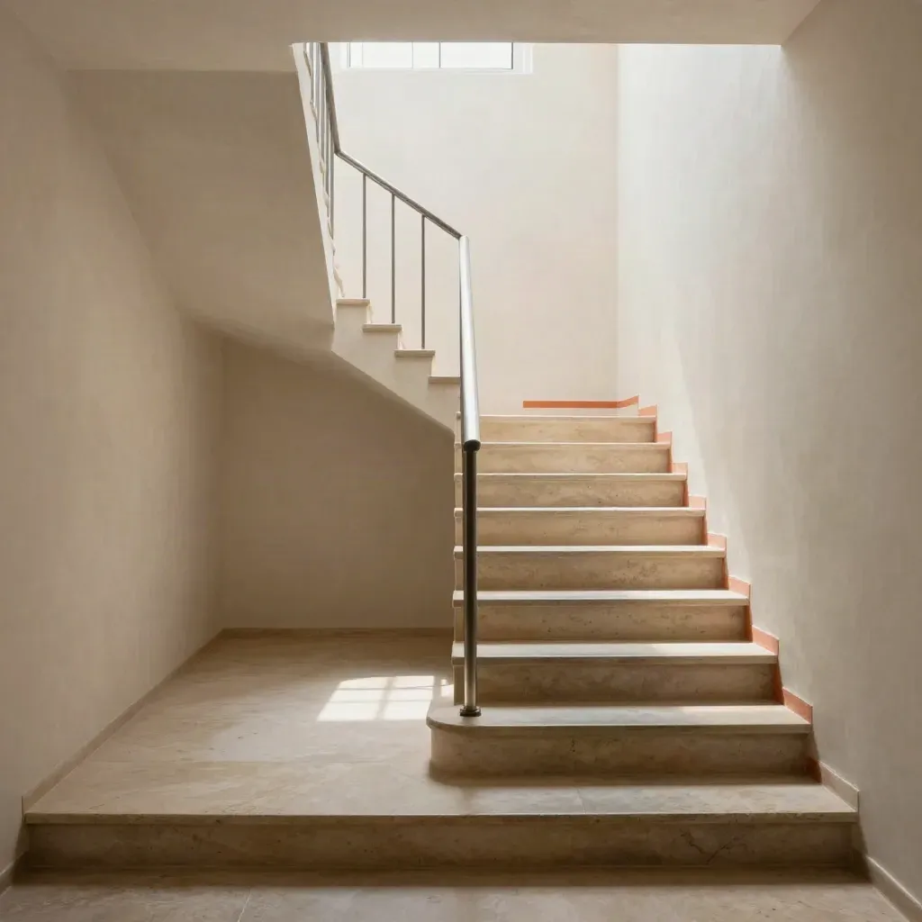 Sunlit pale plaster stairwell with curved landing and calm copy space below