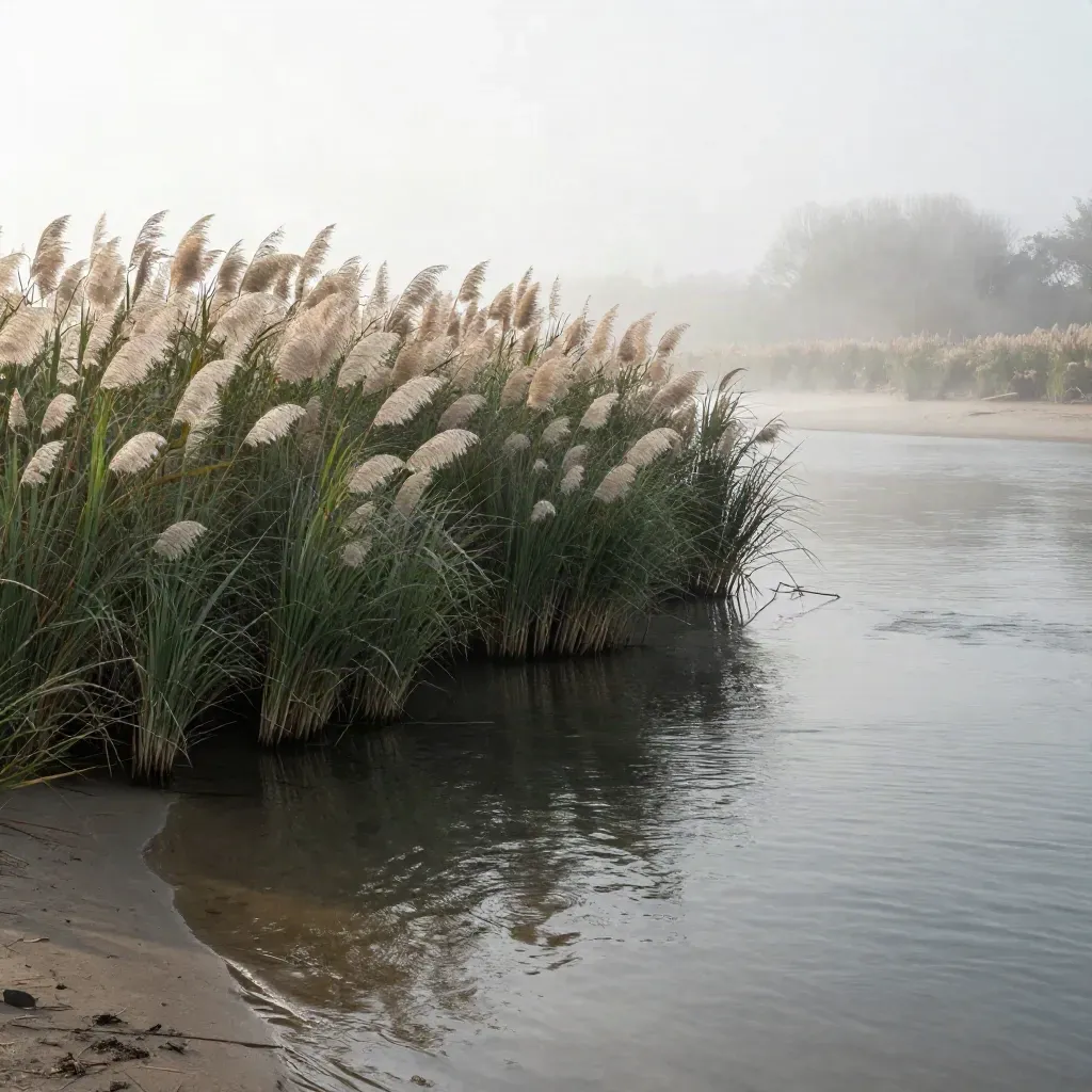 Misty reeds and a calm river bend under bright sky, with open water and haze for copy space.
