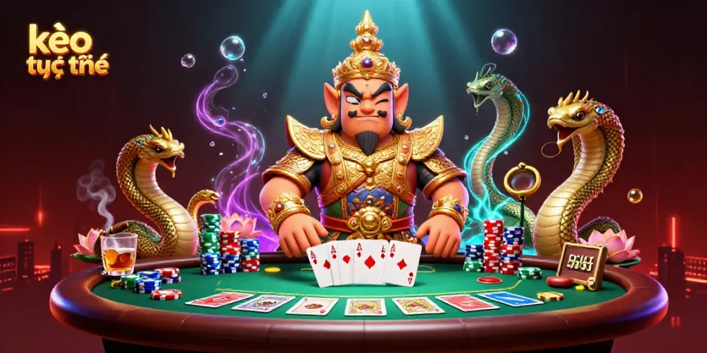 Engage with kèo trực tuyến in this vibrant poker scene featuring Thai guardian and serpents.