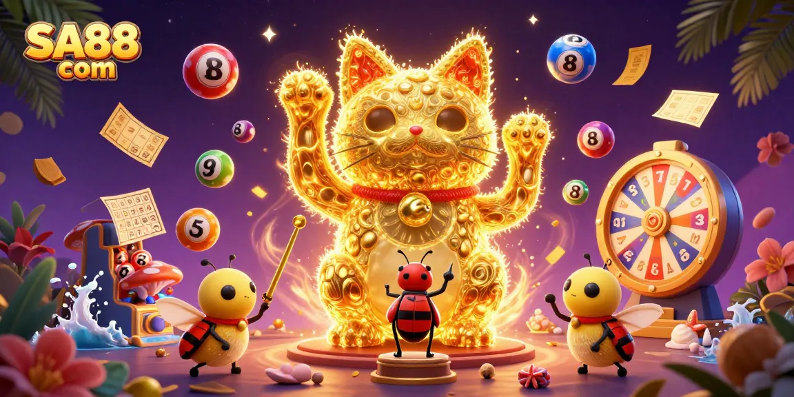 Experience thrilling moments on SA88 com with a vibrant illustration featuring a giant lucky cat and dynamic casino symbols.