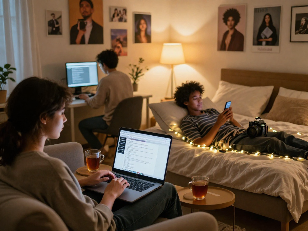 Engaging sexchat scene with diverse participants in cozy settings, showcasing intimate digital conversations.
