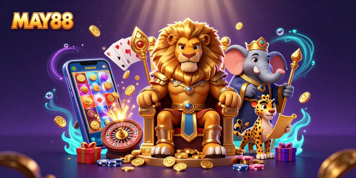 MAY88 showcases a fierce lion king with playful gambling elements like slot games and golden coins.