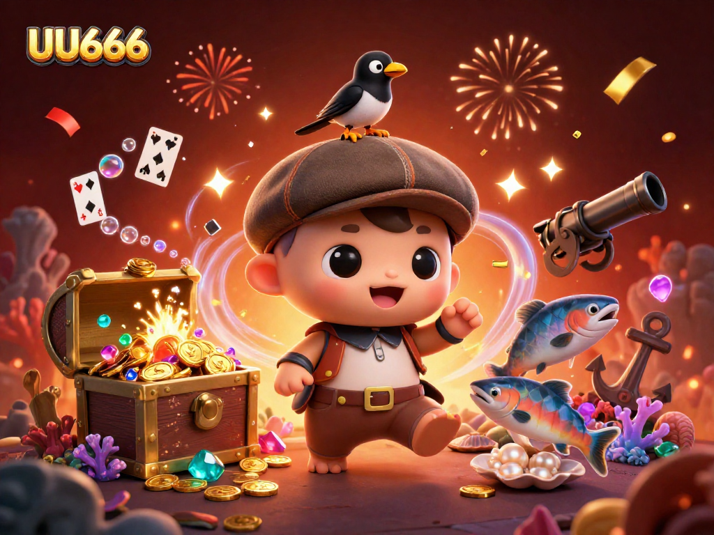 Join the fun at UU666 with a festive 3D illustration of playful characters and treasure!