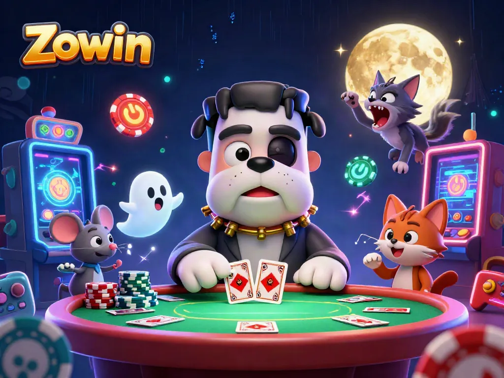 Zowin's action-packed casino scene featuring a bulldog monster and a werewolf kitten at a poker table.