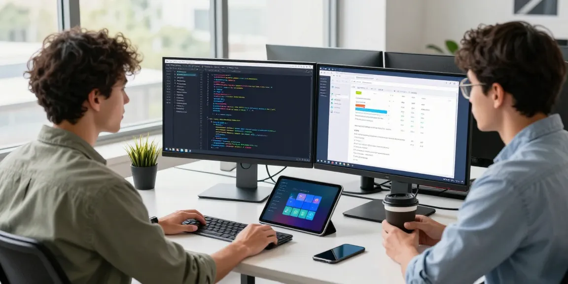 Creative workspace showcasing a developer coding for WhatsApp下載 in a modern tech office.
