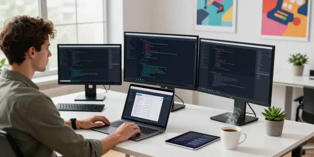 Web developer utilizing instant indexing techniques in a modern tech workspace.