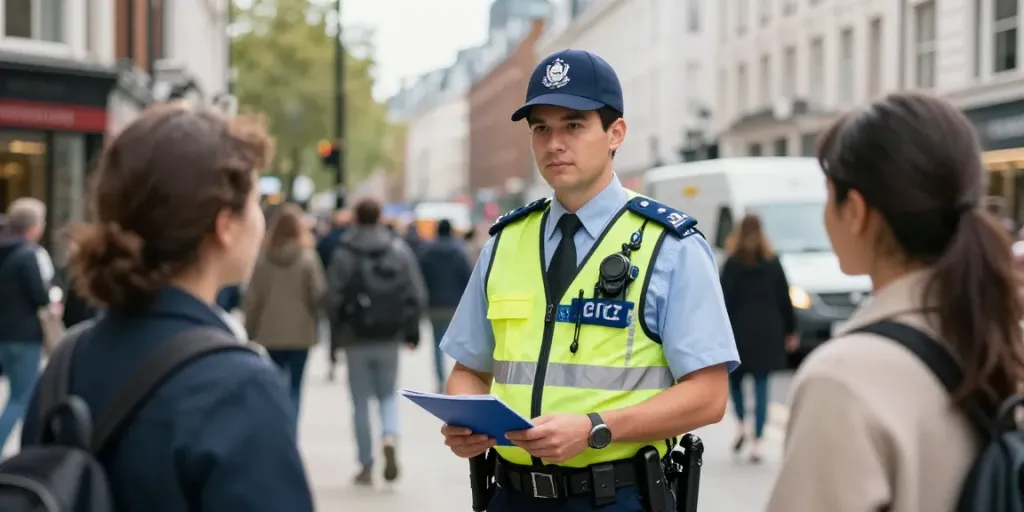 Security Guard providing assistance in a busy London neighborhood, showcasing professionalism.