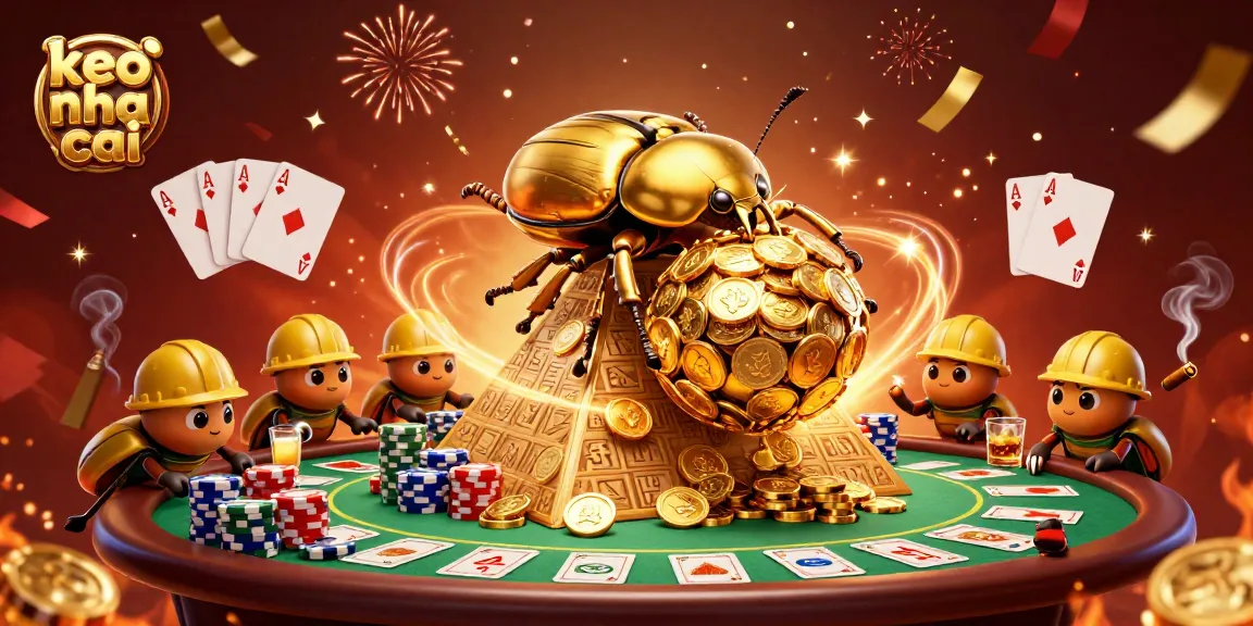Bet on keo nha cai with vibrant 3D illustration of golden beetles and poker elements.