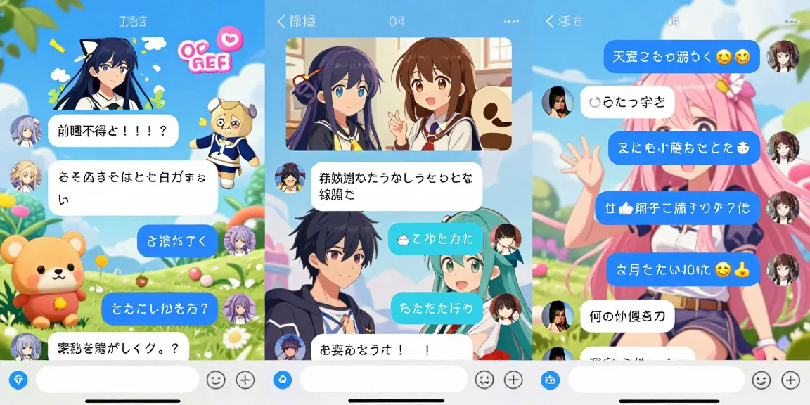 Engaging ecchi chat scene featuring diverse anime characters in a colorful virtual space.