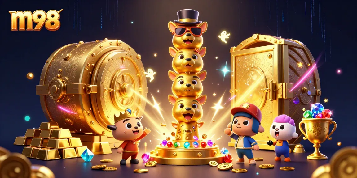 Engage with m98's vibrant casino scene featuring a lively golden totem pole and dazzling treasure elements.