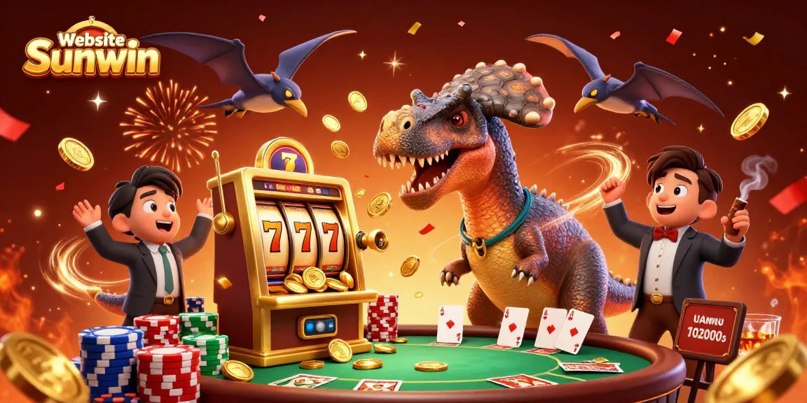 Experience big wins with Website Sunwin as the pachycephalosaurus hits a slot machine, coins showering down.