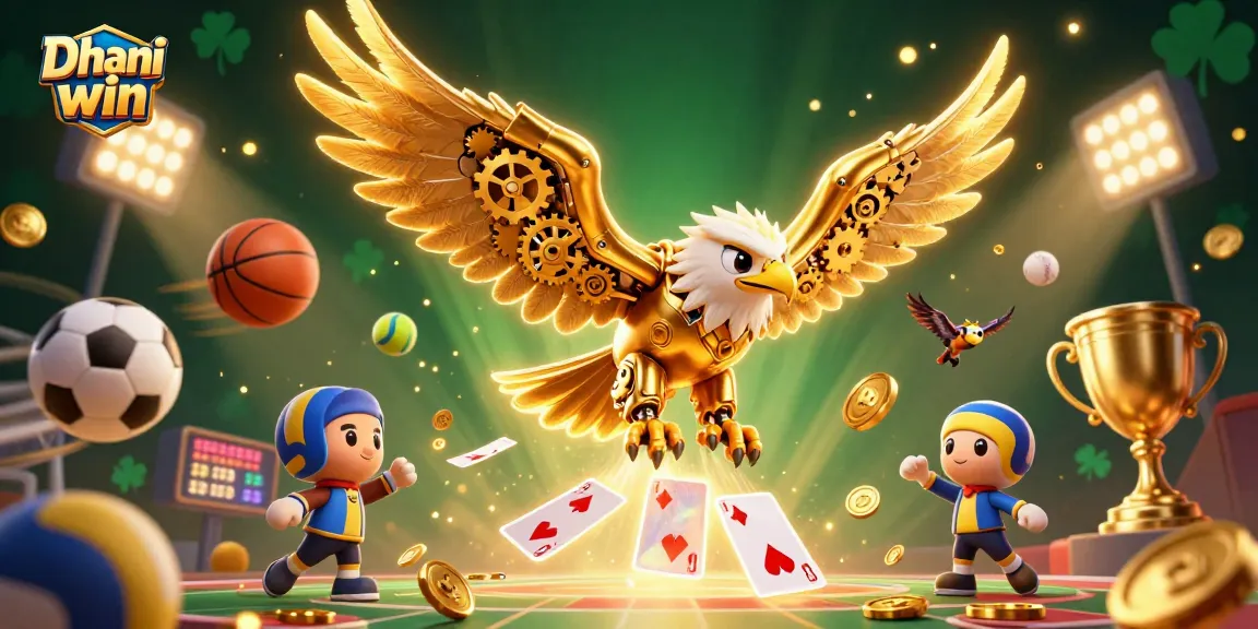 Dive into the thrilling universe of Dhani win with a cybernetic eagle soaring through sports and gambling elements in a vibrant scene.