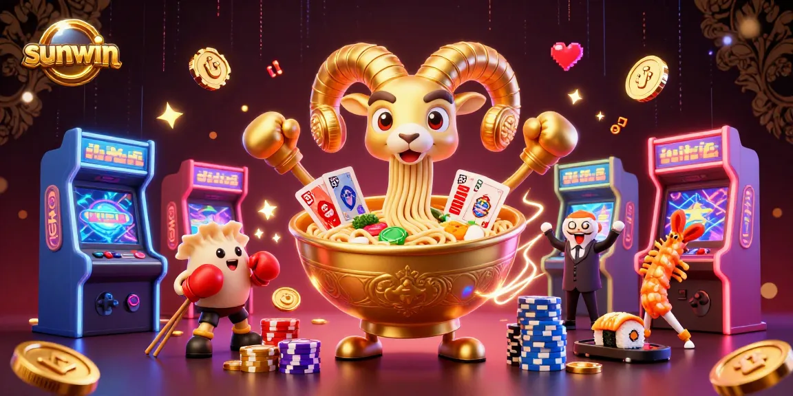 Experience the thrill of sunwin with a vibrant 3D casino scene featuring card-dealing ramen characters and colorful game elements.