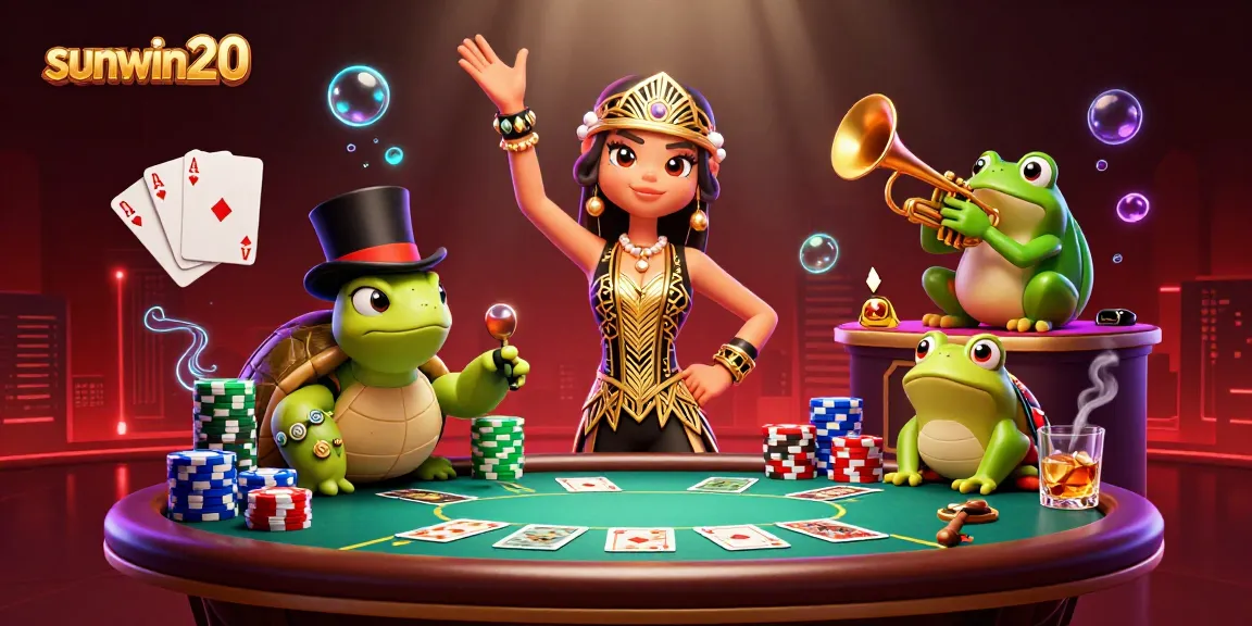Experience thrilling gameplay with sunwin20 in a vibrant casino scene featuring a playful turtle and energetic frog.